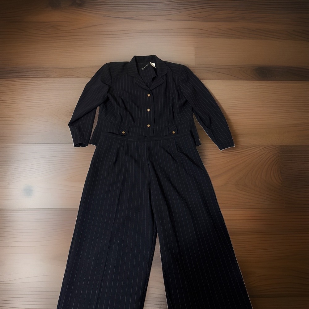 Melissa Harper Petite 16P Navy Pinstripe 2 Piece Pantsuit Blazer Career Suit